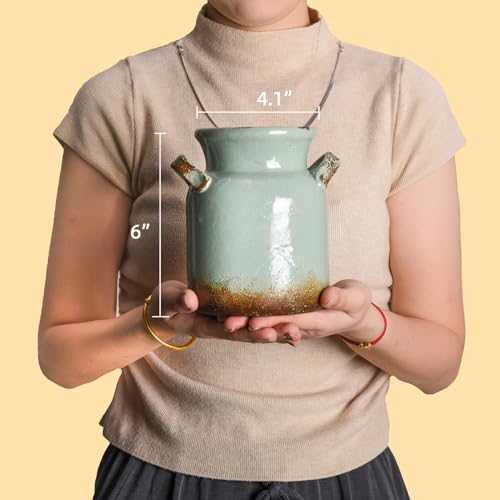 Quoowiit Ceramic Rustic Farmhouse Vase, Distressed Decorative Flower Vases for Home Decor, Ideal Shelf Decor, Green Boho Vase for Living Room Bedroom Kitchen Office Centerpiece Table Decorations - color: 6 Inch-green