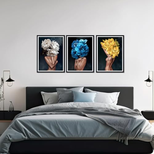 Sexy Woman with Flowers Wall Art Nude Women Posters Wall Decor Flower Blooming on Girls Head Canvas Prints Artwork Decor for Home Bedroom Bathroom Hotel Framed Ready to Hang 16x24inchx3pcs - color: Art01, size: 16x24x3Pcs Black Framed
