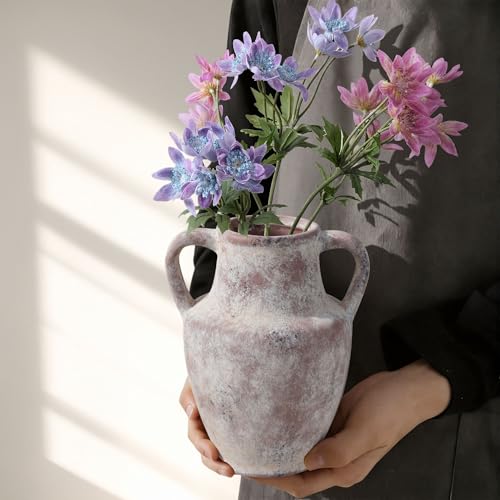 Ceramic Flower Vase with Handles, 8.66 inch Tall Clay Decorative Vases Farmhouse Rustic Vases Pottery Vases for Home Decor Living Room Table Centerpiece Bookshelf Coffee Desk Fireplace, Terracotta - color: 8.66 in - Terracotta