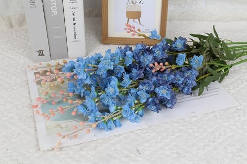 6 PCS Blue Delphinium Artificial Flowers, Long Stem Artificial Flowers with Bendable Stems, Silk Larkspur for Tall Vase Home Garden Wedding Table Decor - color: Blue