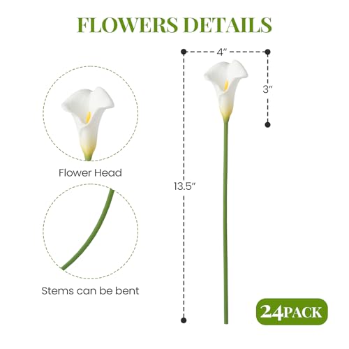 24 Pcs White Artificial Calla Lily Flower Real Touch White Fake Silk Flowers for Wedding Office Home Kitchen Decor