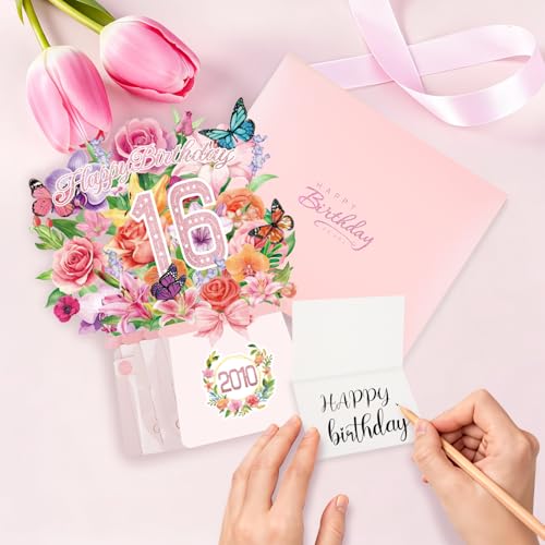 Sweet 16th Birthday Cards, Light and Music 16 Years Old Happy Birthday Card, Rose Lily Orchid and Butterflies, 10 Inch Forever Flower Bouquet 3D Pop Up 2010 Birthday Gift Card for Women Daughter Sister girl - size: 2010-16th