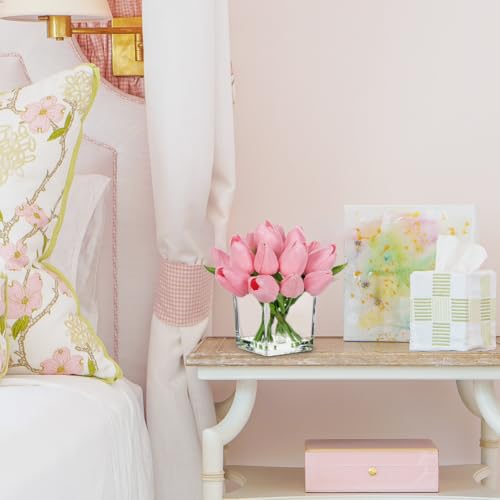 DILATATA Artificial Pale Pink Tulips in Vase with Faux Water 5.5" Real Touch Flowers Fake Tulips Small Flowers Arrangement in Cube Glass Vase for Mother's Day Table Centerpiece Wedding Home Decor - color: Square Vase/Pale Pink/1 Set