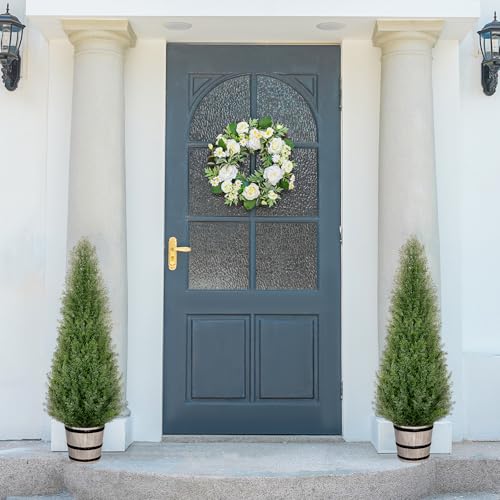 VIVATREES 4FT Artificial Cedar Topiary Trees with Rustic Barrel Planter, Outdoor Indoor Realistic Faux Pine Shrubs Plants, Fake Cypress Trees for Home Offices Porch Decor, Set of 2 - color: Brown, size: 4FT