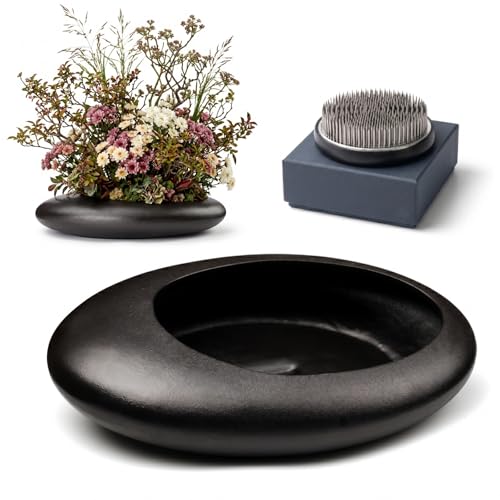 Ikebana Vase Kit - Japanese Oval Ceramic Bowl Vase with 2.8'' Diameter Floral Frog，Kenzan Ikebana Set with Frog Flower Holder for Japanese Flower Arrangement (Black, 2.8'' Floral Frog Included) - color: Black, size: 2.8'' Floral Frog Included