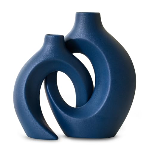 Levvohd Snuggle Hollow Ceramic Vase Set of 2, 8.4 inch Modern Nordic Coastal Shaped Pampas Grass Aesthetic Decorative Table Vases for Home Decor (Matte Navy Blue - M) - color: Matte Navy Blue - M