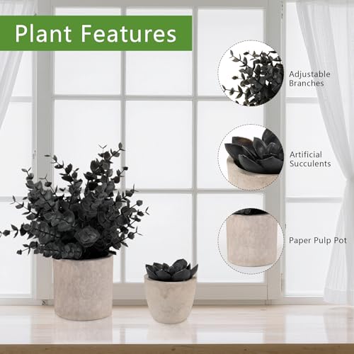 ALAGIRLS 4 Packs Fake Plants Small Artificial Plants Indoor Black Eucalyptus Rosemary Succulents Plants Potted Faux Plants for Home Indoor Office Bathroom Living Room Decor - color: Black-4pc