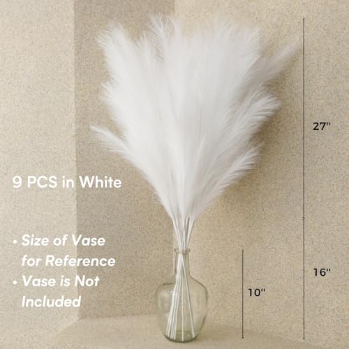 White Pampas Grass Tall, 9 PCS 43''/ 110 cm Large Fluffy Faux Pampas Grass, Fake Pompas Branches, Long Feathers for Floor Vase, Boho Flower Arrangement for Home Wedding Decor (White) - color: White
