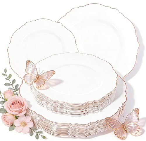 WDF 60pcs Rose Gold Plastic Plates-Baroque White &Rose Gold Disposable Plates including 30Plastic Dinner Plates 10.25inch, 30 Salad Plates 7.5inch for Wedding/Party/Birthday/Mother's Day - color: Rose Gold, size: 60PCS