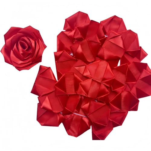 100 Pcs Premade Satin Ribbon Rose Petals Half-Finished Crafting DIY Eternal Flowers Bouquets & Floral Art Perfect for Weddings Birthdays Anniversaries,Engagements - color: 100 Pcs Red