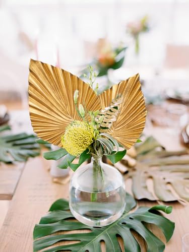 6 Pcs Pu Foam Artificial Golden Leaf Faux Palm Tropical Leaves Fake Palm Fronds for DIY Wedding Bouquets Fake Leaves for Centerpieces Arrangements Bridal Shower Leaf Stem for Party Home Decor-Gold - color: Gold Palm #10