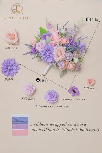 TINGE TIME 13 Inch Artificial Flower Wedding Bouquets for Bride, Cascading Bridal Bouquet for Wedding Bouquet for Wedding Ceremony and Anniversary(Violet&Mistyrose) - color: Violet & Misty Rose