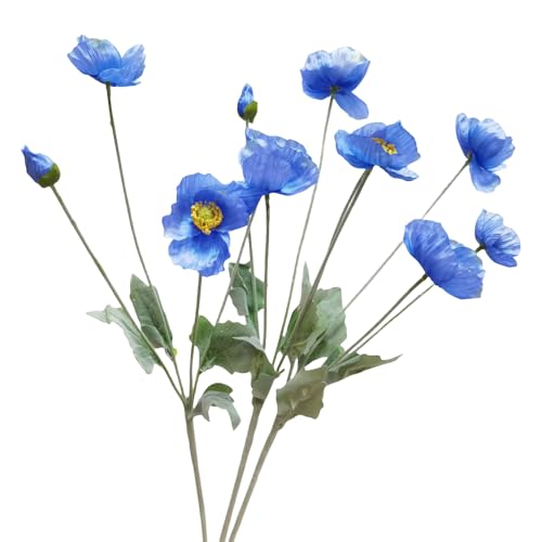 3Pieces Blue Poppies Flowers Artificial,23"Ranunculus Artificial Flowers,Silk Flowers with Stems,Faux Flower Stems for Wedding,Party,Garden Outdoor Indoor Decor Flower Arrangements for Table (Blue) - color: Blue