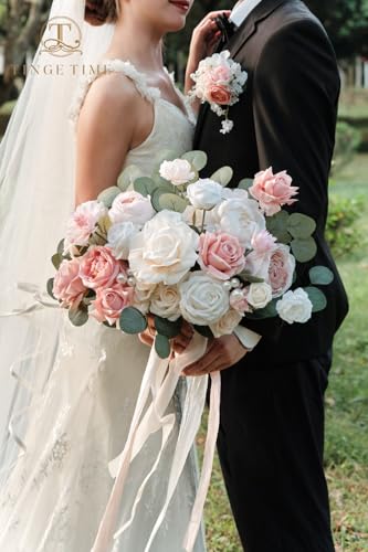 TINGE TIME Boutonniere for Men Wedding,Groom and Best Man Boutonniere for Wedding, Prom, Homecoming, Anniversary, Graduation, Christmas Dinner (1, Champange&Pink) - color: Champange&pink