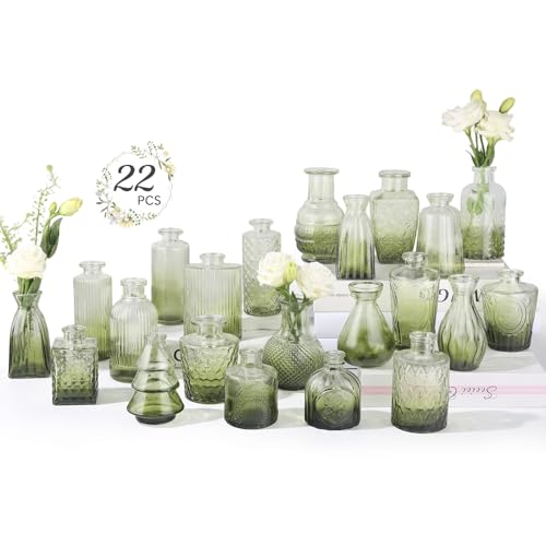 RUCKAE Glass Bud Vases Mini Flower Vase Small Vintage Vases for Centerpiece Table Wedding Decorations Home Decor Party(Gradient Green 22 Pack) - style: Gradient Green 22 Pack