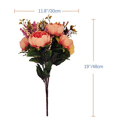 2pcs Artificial Peony Bouquets,19 Inch Silk Peony Bunch with 7 Faux Flowers,Classical Style Artificial Flowers with Leaves and Ornaments for Wedding,Home Décor Centerpieces(Orange) - color: Orange, size: Pack of 2