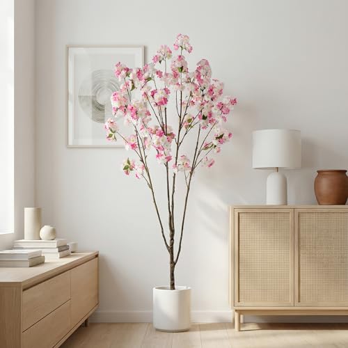 Ttranewsoo Fake Tree Cherry Blossom Tree Artificial Cherry Blossom Tree Tall Fake Plant Faux Trees Indoor Fake Trees Artificial Trees Home Decor Indoor Applies to Living Room Bedroom (Pink Rose) 81.9" - color: 2m Pink Rose