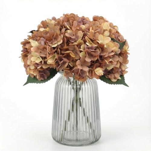 5Pcs Artificial Fake Flowers Plants Silk Hydrangea 1 Flower Head Arrangements Wedding Bouquets Decorations Plastic Floral Table Centerpieces Home Kitchen Garden (Brown Yellow) - color: Brown Yellow