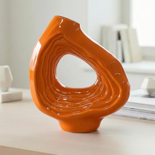 Sunddo Ceramic Flower Vase for Decor, 9 Inch Orange Donut Vase, Boho Modern Decorative Vases for Home Decor, Living Room, Dining Table, Console, Office Bedroom Shelf Decoration - color: Orange, size: 9 inch