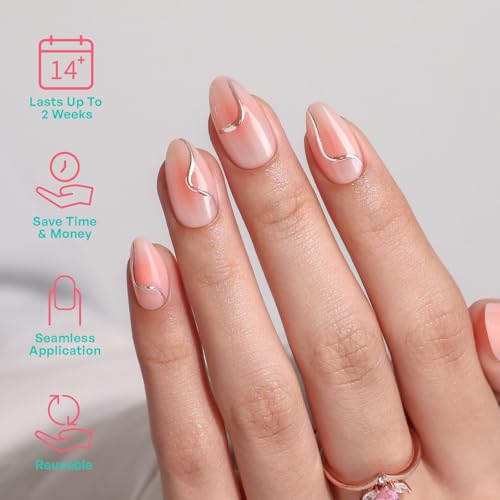 32Pcs Soft Gel Press on Nails for Women, Pink Aura, Short Almond | Metal Chrome Line Art False Fake Nails Press Ons for Office Daily Wear, Salon Quality Reusable Glue & Stick on Nail Gift Kit - color: 3H-Pink Aura