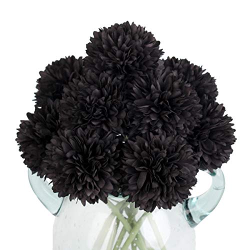 12pcs Black Artificial Flowers Fake Flowers Silk Artificial Chrysanthemum Ball Hydrangea Bridal Wedding Bouquet for Home Garden Party Decor (Black) - color: Black，12pcs