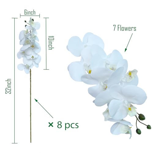 FagusHome 8 Pcs Artificial Phalaenopsis Flowers 32 Inch Artificial Orchid Flowers Fake Flowers Stem Plants for Home Décor (White) - color: White