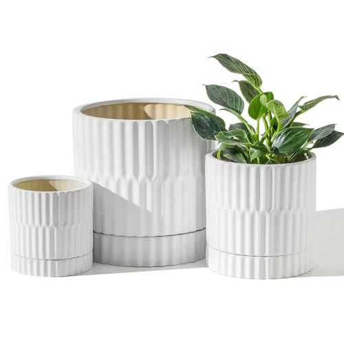 HASENSE Plant Pots - 8+6+4.6 Inch White Vertical Textured Ceramic Planters Set of 3 with Drainage Hole, Decorative Flower Pots for Indoor Plants, Herbs, Succulents, Home Office Desktop Garden Decor - color: Blue (Ribbed)