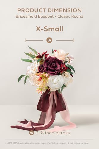 Ling's moment Artificial Flowers Marsala Red & Pink Bridesmaid Bouquet Set of 4, Wedding Flowers Bouquets for Bridesmaids, 7 Inch Bridal Bouquets for Bridesmaids, Wedding Decor, Ceremony, etc - color: Red-marsala & Blush