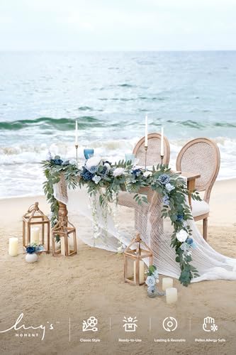 Ling's moment 9FT Spring Flower Garland- Wedding Arch Flowers for Backdrop Decoration, Eucalyptus & Rose, Artificial Floral Garland for Mantle - Sweetheart Head Table Decor for Reception, Dusty Blue - color: Blu-dusty Blue & Navy