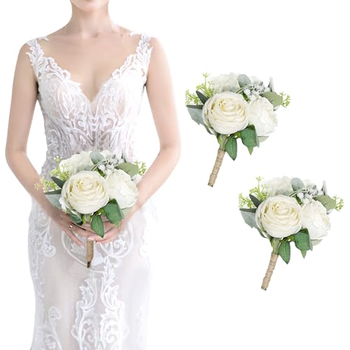 Bridesmaid Bouquets Set of 2 - Ivory White Artificial Flowers Bouquet for Bridesmaids Wedding Small Floral Centerpieces for Marriage Proposal Party Anniversary Dining Table Decor -7 Inch - color: White, size: 2pcs Bouquets