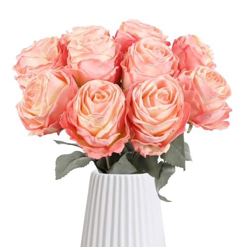 IPOPU 10PCS Roses Artificial Flowers Silk Flowers with Long Stem Fake Roses for Valentine's Day Wedding Bridal Bouquets Floral Arrangement Table Centerpieces Home Decoration(Peach) - color: Peach