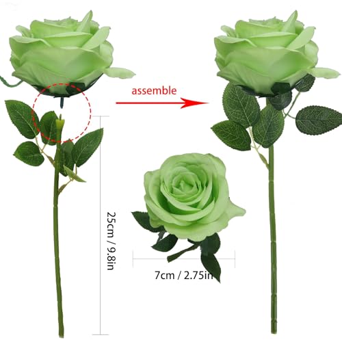 Felice Arts 12 Pack Light Green Artificial Flowers with Stems Silk Roses Fake Flowers Bouquet for Wedding Table Vase Home Kitchen Hotel Office Party DIY Decor - color: Light Green