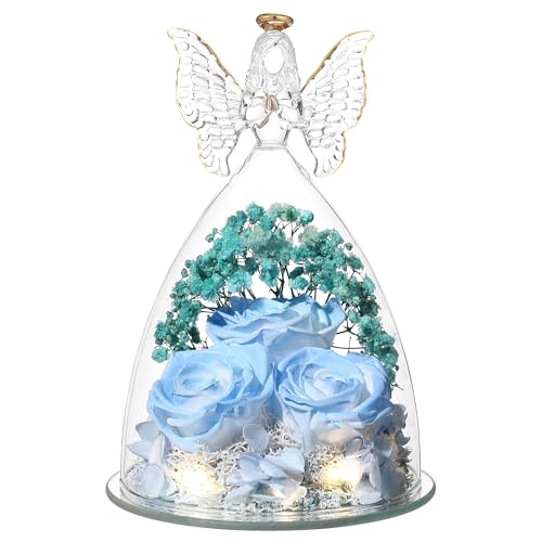 Mothers Day Rose Gifts for Women Preserved Real Flower in Glass Angel Figurines Roses for Delivery Prime Birthday Gifts for Mom Grandma Girlfriend Wife Her, Sky Blue White - color: Sky Blue White