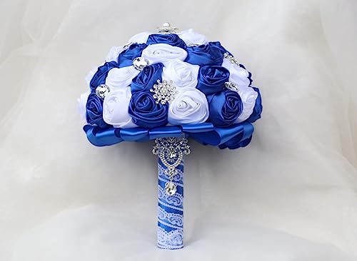 Royal Blue and White Bridal Wedding Bouquet with Silver Brooch Bling Rhinestone Bouquet for Bride Bridesmaid Quinceanera Satin Rose Flower Bouquet Wedding Royal Blue and White 8.7in - color: Royal Blue & White(silver Brooch), size: Diameter: 8.7 inches