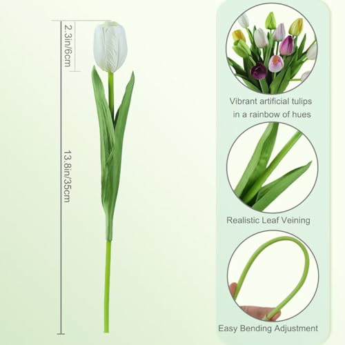 12pcs Tulips Artificial Flowers Real Touch Silk Faux Flowers Tulip Stems for Wedding Spring Bouquet Floral Arrangement Home Party Office Decorations (White Pink Yellow Green) - color: White Pink Yellow Green