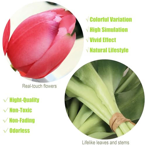20pcs Artificial Tulip Flowers,16 Inch Real Touch Tulip Stems with Faux Leaves, Faux Tulips and Buds for Home Décor Centerpiece Ornament Wedding Bouquet,Deep Pink - color: Deep Pink