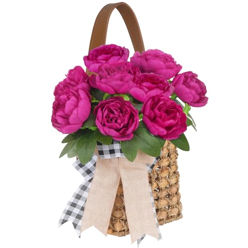17in Hanging Basket for Front Door with 10 Pcs Artificial Peonies Wreath | UV Resistant Woven Wall Baskets for Spring Summer Garden Farmhouse Home Boho Wall Decor - color: Rose Pink