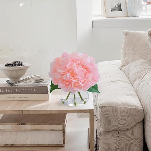 Hydrangea Artificial Flowers in Vase, White Silk Fake Flowers Silk Centerpiece Table Decorations for Dining Room， Coffee Table Decor，Wedding, Home with Faux Water Decor (New Pink) - color: New Pink