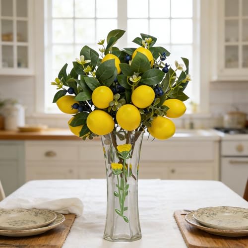 13 Inch Artificial Lemon Branches (6 Pack), Lifelike Faux Fruit Lemon Blueberry Stems for Home Decor Wedding Flower Arrangements Holiday Decorations