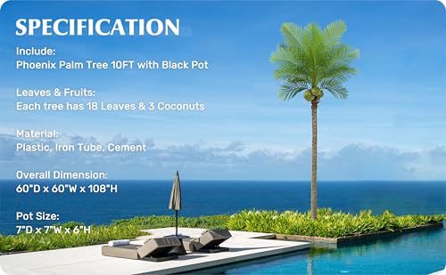 Roselywed Artificial Phoenix Palm Tree 10FT with 18 Leaves & 3 Coconut Fruit & Real Bark Tropical Areca Sago Palm Tall Large Faux Plant 118 Inch Black Pot for Indoor Outdoor Home Poolside Mall Decor - size: 10ft
