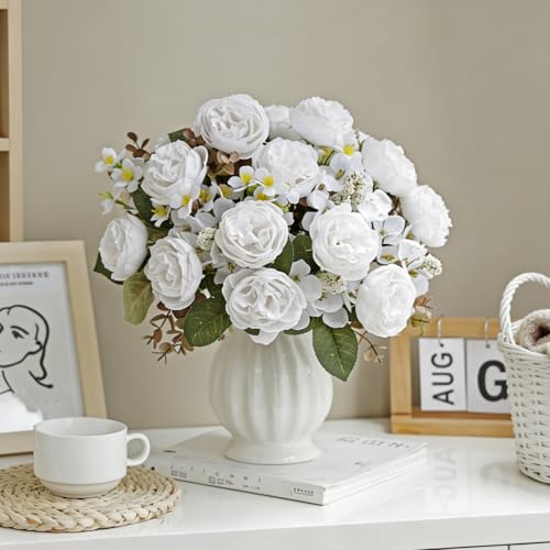 DEMIUKO 4PCS Peonies Artificial Flowers,White Faux Peony Bouquet Fake Silk Flower for Vase Faux Floral Arrangements Plastic Flowers for Farmhouse Home Kitchen Table Centerpiece Party Wedding Decor - color: White, size: 4PCS