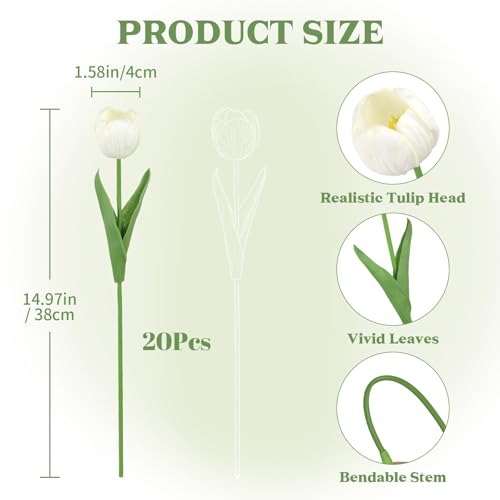 Tulips Artificial Flowers 20pcs Real Touch Fake Tulips Arrangement White Faux Flowers Tulip Stems for Wedding Spring Easter Valentine's Gift Home Table Decor (White) - color: White