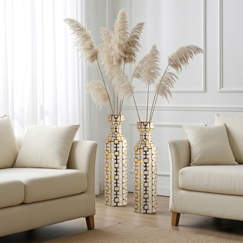 Pair of 24.4" Tall Ceramic Cylinder Vases with Geometric Gold Accents, Large Flower Vase, Decorative Vase - Modern White & Gold Floor Vases for Living Room, Entryway Decor (Set of 2) - color: White With Gold Set of 2