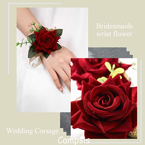 Campsis Red Rose Wrist Corsage, Gold-Accented Artificial Flowers with Satin Ribbon, Set of 2, Wedding and Prom Formal Wear