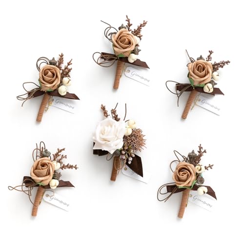 Ling's moment Boutonniere for Men, 6pcs Groom Groomsmen Boutonniere, Artificial Flowers for Wedding Decor/Prom/Homecoming, etc.Sand Beige White - color: Brn-sand Beige & White