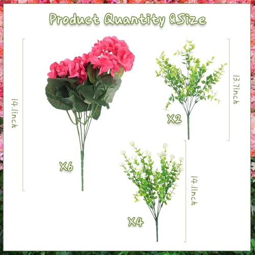 Olatay 12 Bundles Mixed Color Artificial Flowers for Outdoor, Artificial Geraniums Flowers for Outdoor, UV-Resistant Fake Geraniums for Porch, Balcony, Garden, Indoor Decoration (Rose Red) - color: Rose Red