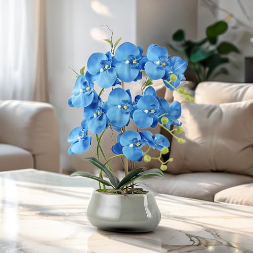 Orchid Artificial Flowers with Gray Vase Large Silk Faux Phalaenopsis Flowers for Dining Room Table Floral Centerpieces Indoor Decoration,Blue - color: Blue