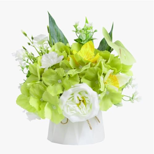 WELL KNOWN Small Fake Flowers in Plastic Vase 7" Centerpieces Coffee Table Decor, Green White Silk Flower Arrangements for Home Decor Indoor Artificial Flower Bouquet for Dining Room Kitchen Wedding - color: Green & White