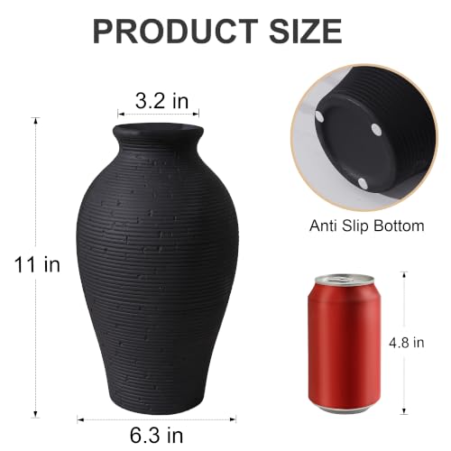 Ceramic Flower Vase Home Decor, 11 in Farmhouse Table Black Vases Rustic Vintage Living Room Kitchen Bedroom Decorations Pottery Decorative Vases for House Shelf Office Coffee Desk Dining Fireplace - color: 11 in - Black