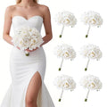 Bridesmaid Bouquets Set of 6, Morandi White Cream White Real Touch Faux Roses Flowers, Ivory Roses Artificial Flowers, Bridal Bouquets for Wedding Prom - 8 Inch - size: 8 Inch - Set of 6